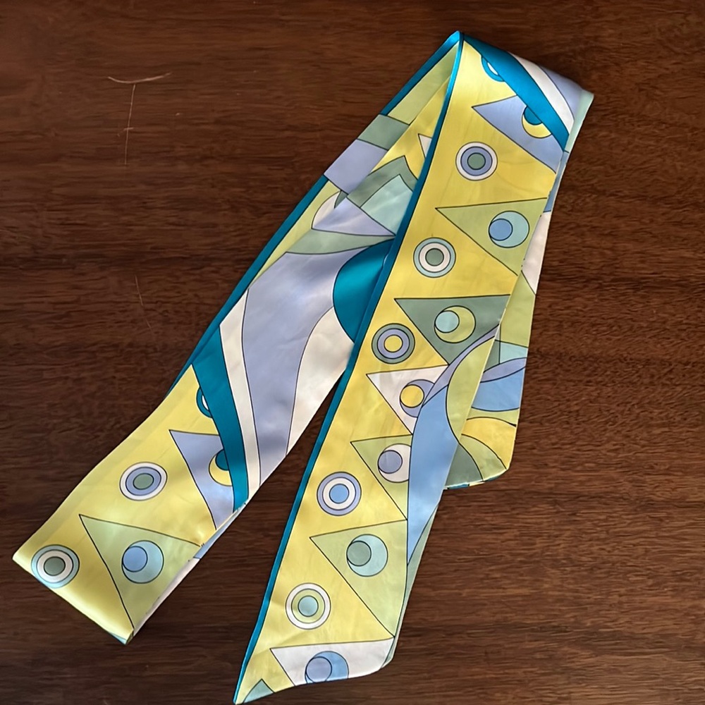 Julie Brown Geometric 100% Silk Blue Yellow White Sash Belt Hair tie